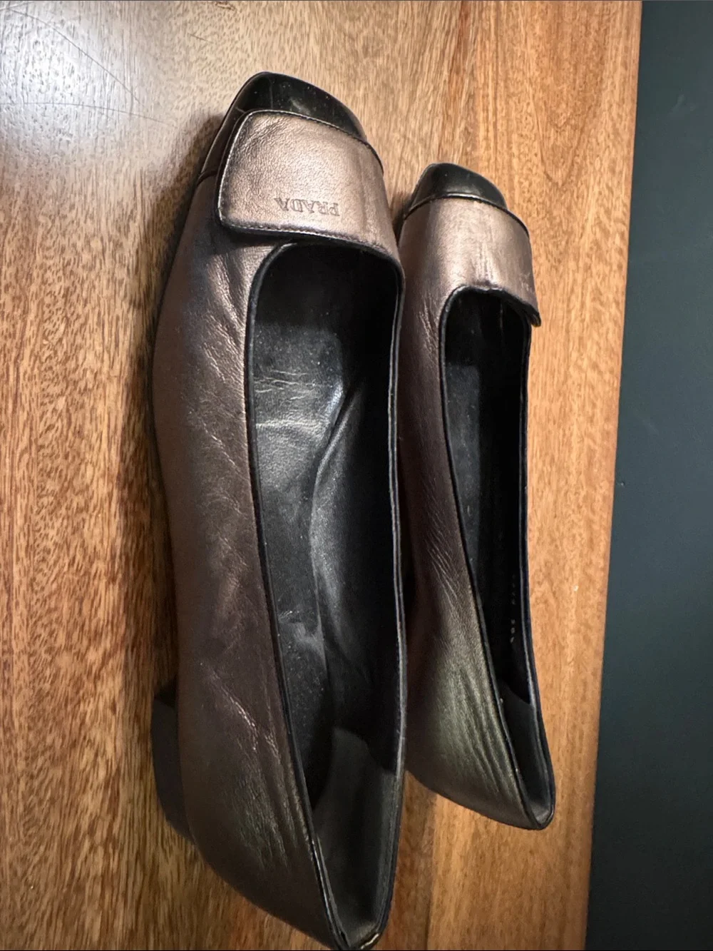 Prada Brown Leather Square-Toe Flats with Black Patent Toe